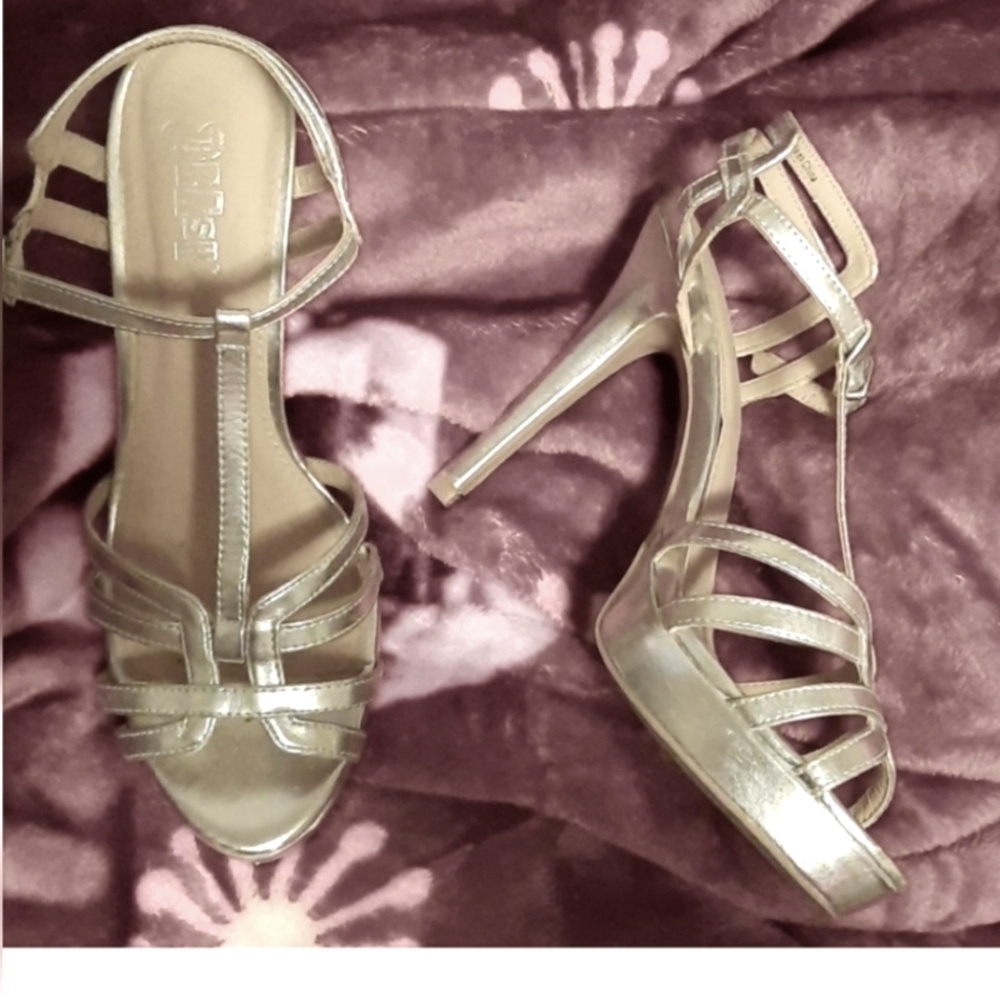 SEXY SILVER 6" STILETTOS PLATFORM HIGH HEELS SANDALS size 8 by BRASH